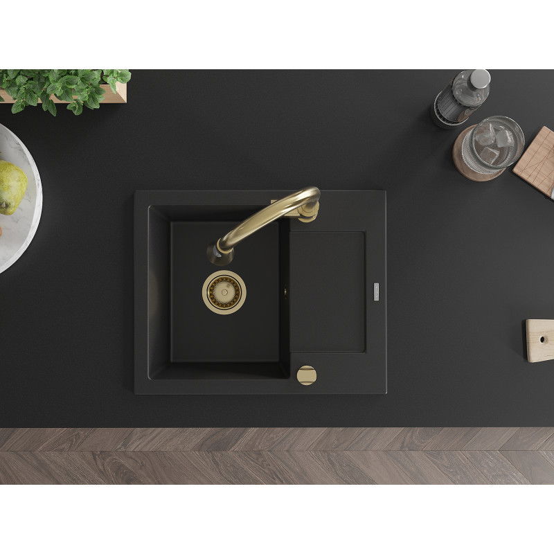 Mexen Enzo 1 rekeszes gránit mosogató csepegtetővel és Elia konyhai csapteleppel, fekete - 6506-77-670101-50