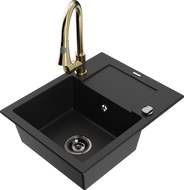 Mexen Enzo chiuvetă de bucătărie din granit cu o singură cuvă, cu picurător și baterie Elia, negru - 6506-77-670101-50-B