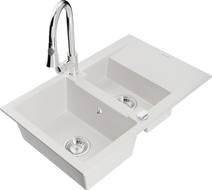 Mexen Gaspar chiuvetă din granit cu 1,5 compartimente cu scurgător și baterie de bucătărie Elia, alb - 6507-20-670101-00