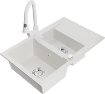 Mexen Gaspar chiuvetă de bucătărie din granit cu 1,5 compartimente cu scurgător și baterie de bucătărie Elia, albă