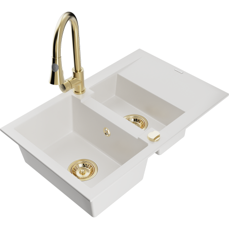 Mexen Gaspar chiuvetă de bucătărie din granit cu 1,5 cuve cu picurător și baterie Elia, alb - 6507-20-670101-50