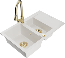 Mexen Gaspar chiuvetă de bucătărie din granit cu 1,5 cuve cu picurător și baterie Elia, alb - 6507-20-670101-50