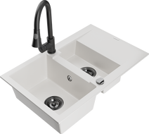 Mexen Gaspar chiuvetă granit 1,5-camere cu picurător și baterie bucătărie Elia, alb - 6507-20-670101-70