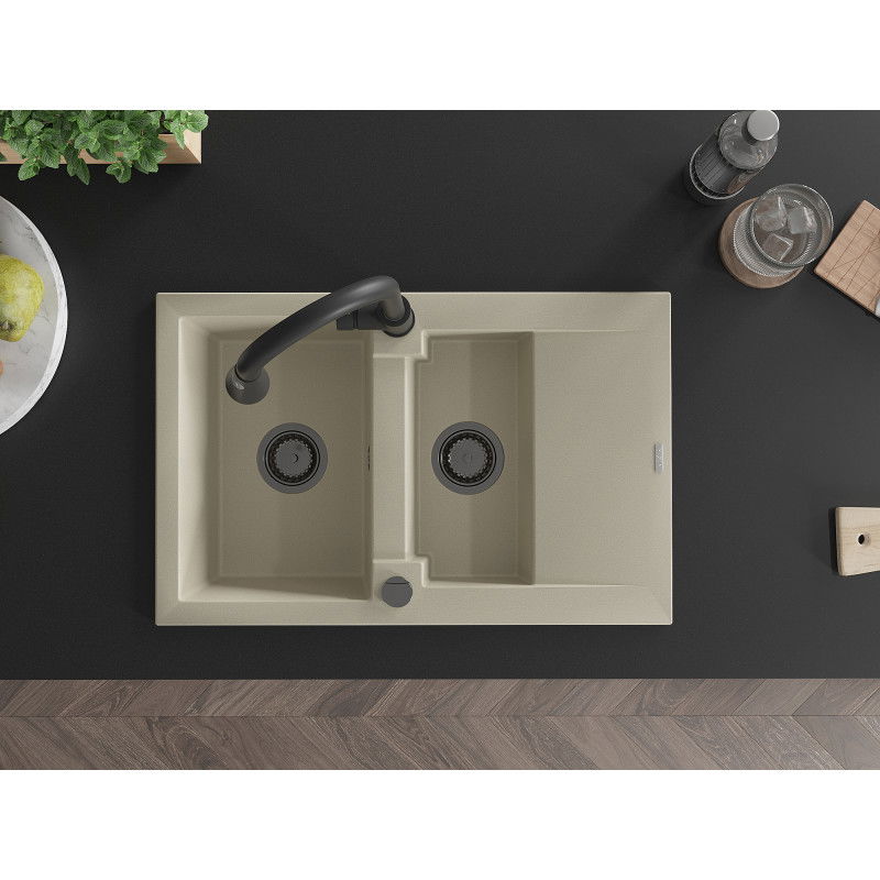 Mexen Gaspar chiuvetă din granit 1,5 camere cu scurgător și baterie de bucătărie Elia, bej - 6507-69-670101-70