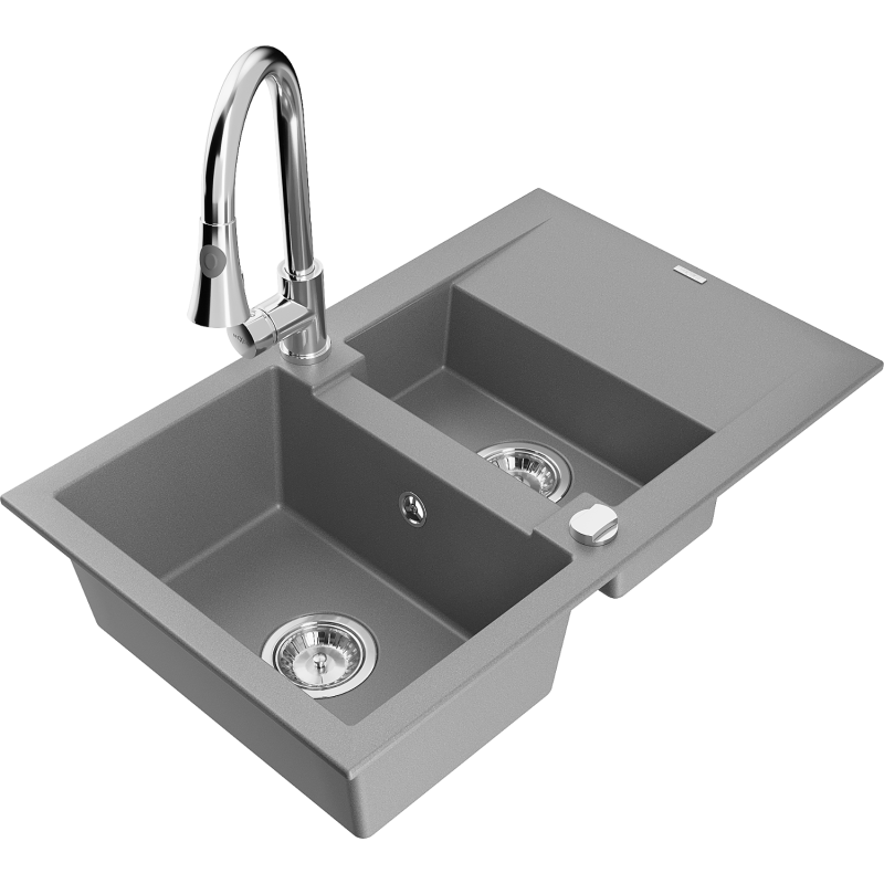 Mexen Gaspar gránit mosogató 1,5 rekeszes csepegtetővel és Elia konyhai csapteleppel, szürke - 6507-71-670101-00