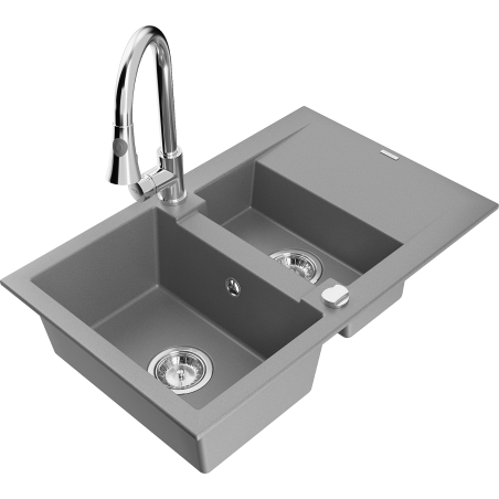Mexen Gaspar gránit mosogató 1,5 rekeszes csepegtetővel és Elia konyhai csapteleppel, szürke - 6507-71-670101-00