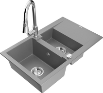 Mexen Gaspar gránit mosogató 1,5 rekeszes csepegtetővel és Elia konyhai csapteleppel, szürke - 6507-71-670101-00