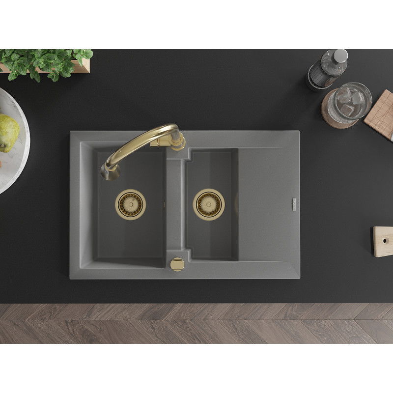 Mexen Gaspar chiuvetă de bucătărie din granit 1,5 compartimente cu scurgător și baterie de bucătărie Elia, gri