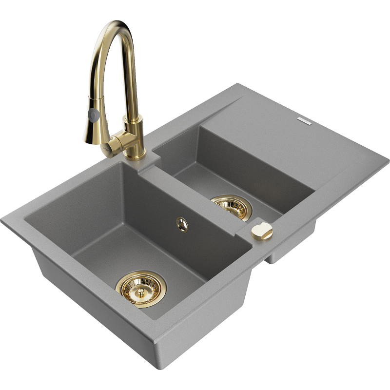 Mexen Gaspar chiuvetă de bucătărie din granit 1,5 compartimente cu scurgător și baterie de bucătărie Elia, gri