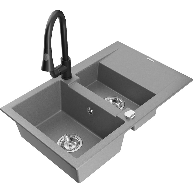 Mexen Gaspar chiuvetă de granit cu 1,5 compartimente, cu scurgător și robinet de bucătărie Elia, gri - 6507-71-670101-70