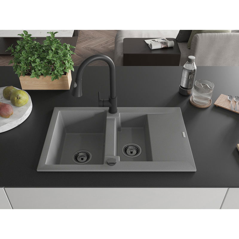 Mexen Gaspar chiuvetă de bucătărie din granit, cu 1,5 compartimente și picurător și baterie Elia, gri - 6507-71-670101-70-B