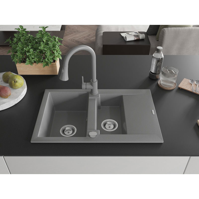 Mexen Gaspar gránit mosogató 1,5-medencés csepegtetővel és Elia konyhai csapteleppel, szürke - 6507-71-670101-71