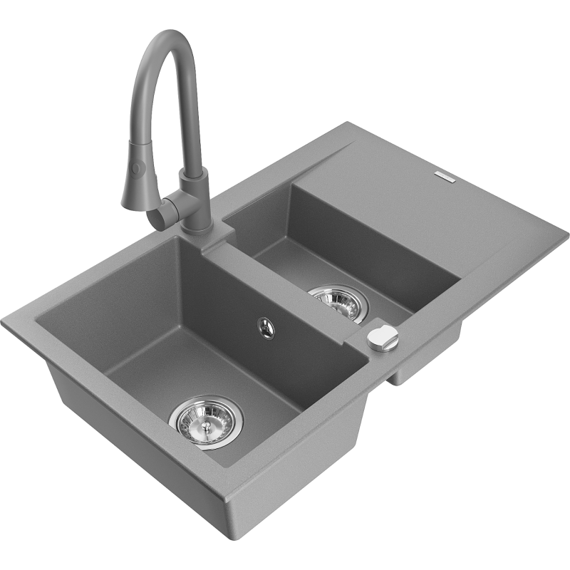 Mexen Gaspar chiuvetă din granit cu 1,5 compartimente cu scurgător și baterie de bucătărie Elia, gri - 6507-71-670101-71