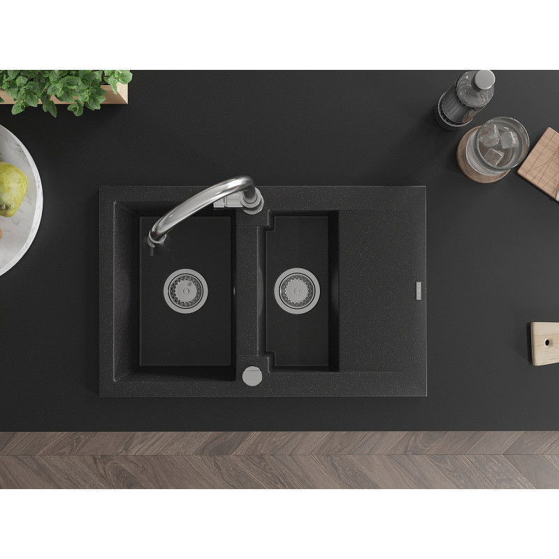 Mexen Gaspar gránit mosogató 1,5 rekeszes csepegtetővel és Elia konyhai csapteleppel, fekete/ezüst metál - 6507-73-670101-00