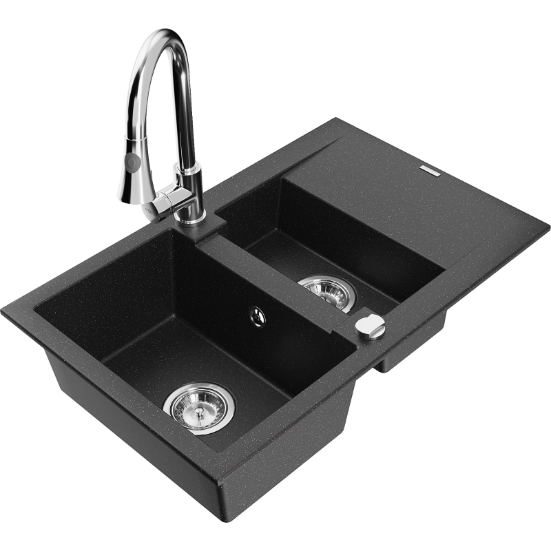 Mexen Gaspar chiuvetă din granit cu 1,5 compartimente cu picurător și baterie de bucătărie Elia, negru/argintiu metalizat