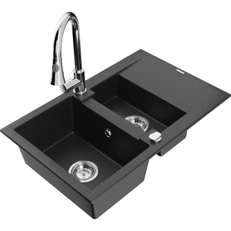 Mexen Gaspar chiuvetă din granit cu 1,5 compartimente cu picurător și baterie de bucătărie Elia, negru/argintiu metalizat