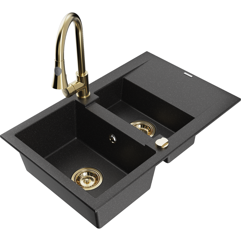 Mexen Gaspar chiuvetă din granit cu 1,5 cuve, cu scurgător și baterie de bucătărie Elia, negru/argintiu metalizat