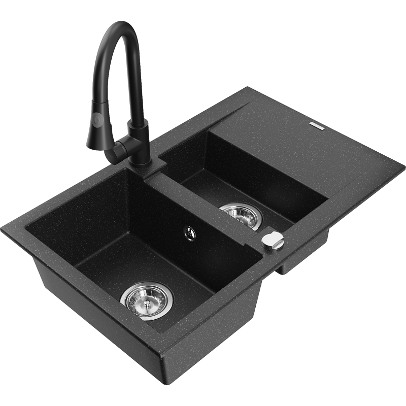 Chiuvetă granit Mexen Gaspar 1,5 compartimente cu scurgător și baterie bucătărie Elia, negru/metal argintiu - 6507-73-670101-70
