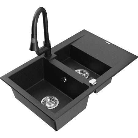 Mexen Gaspar chiuvetă de bucătărie din granit cu 1,5 compartimente și drenaj și baterie Elia, negru/argintiu metalizat