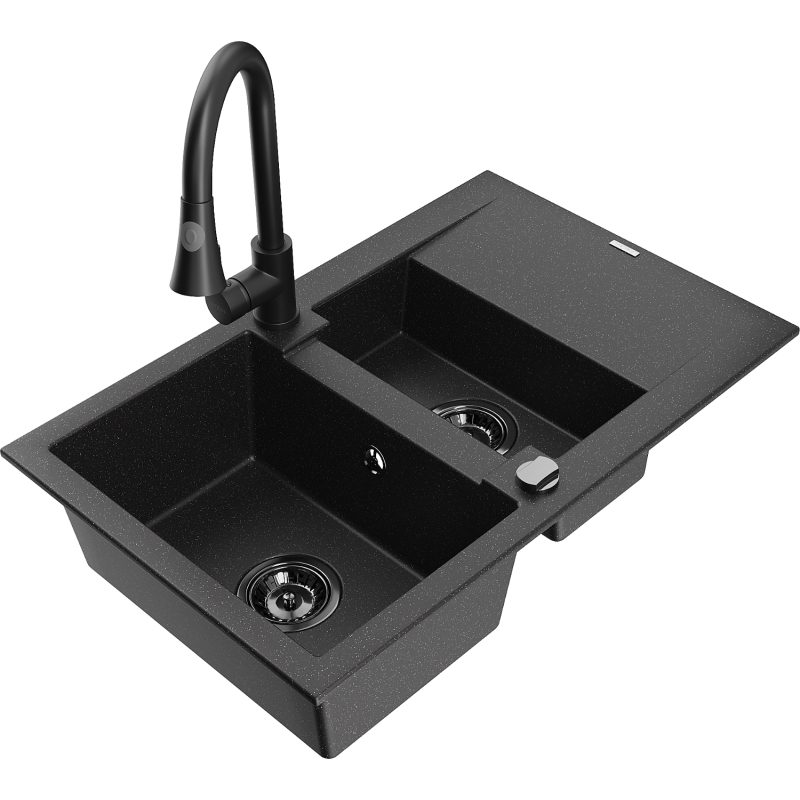 Mexen Gaspar chiuvetă de bucătărie din granit cu 1,5 compartimente, cu scurgător și baterie Elia, negru/argintiu