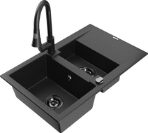 Mexen Gaspar chiuvetă de bucătărie din granit cu 1,5 compartimente, cu scurgător și baterie Elia, negru/argintiu