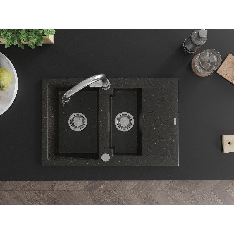 Mexen Gaspar gránit mosogató 1,5 rekeszes csepegtetővel és Elia konyhai csapteleppel, fekete/arany metál - 6507-75-670101-00