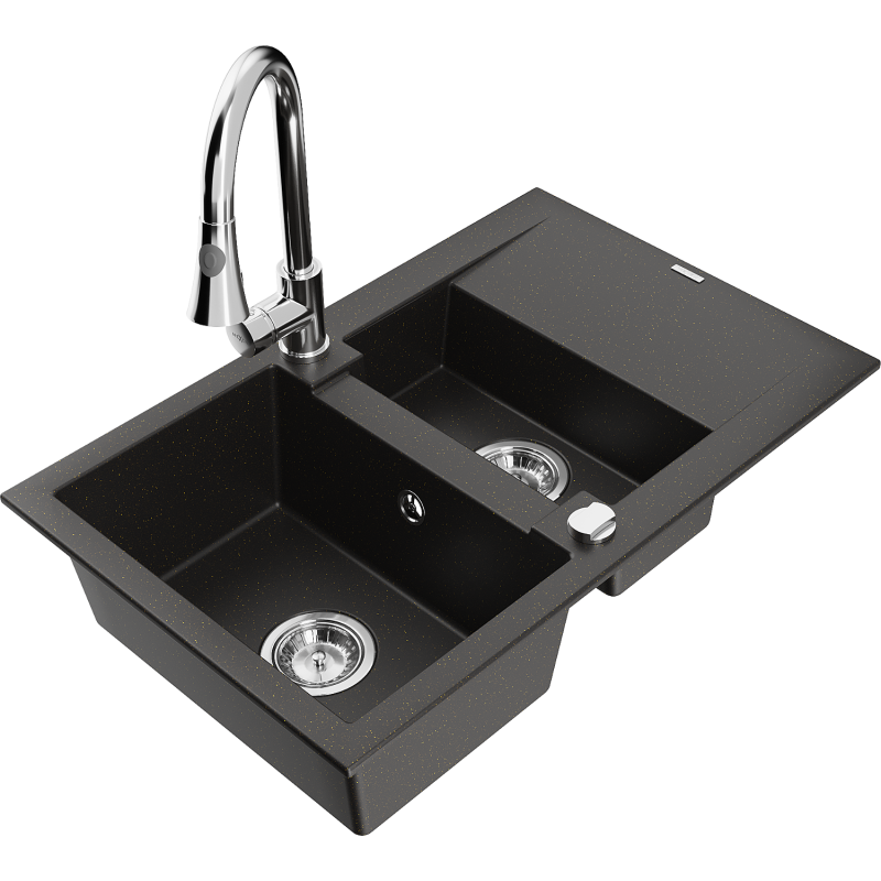 Mexen Gaspar chiuvetă de granit 1,5 camere cu picurător și baterie de bucătărie Elia, negru/auriu metalic