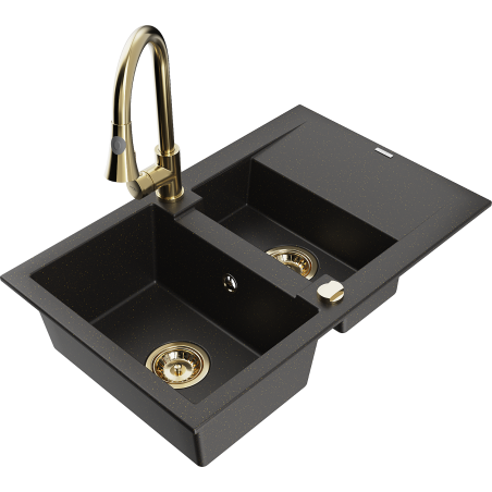 Chiuvetă din granit Mexen Gaspar 1,5-camere cu scurgător și robinet de bucătărie Elia, negru/auriu metalic - 6507-75-670101-50