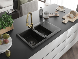 Chiuvetă de granit Mexen Gaspar 1,5 camere cu scurgător și robinet de bucătărie Elia, negru/auriu metalic - 6507-75-670101-50-B