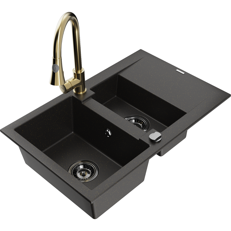 Chiuvetă de granit Mexen Gaspar 1,5 camere cu scurgător și robinet de bucătărie Elia, negru/auriu metalic - 6507-75-670101-50-B