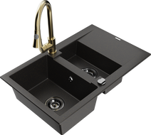 Chiuvetă de granit Mexen Gaspar 1,5 camere cu scurgător și robinet de bucătărie Elia, negru/auriu metalic - 6507-75-670101-50-B
