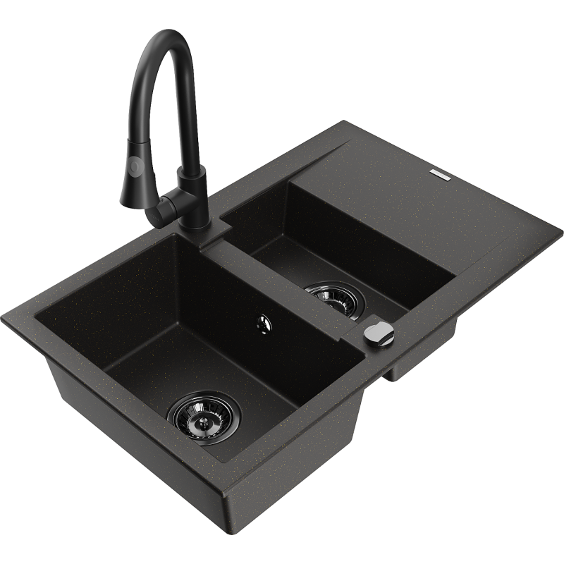 Mexen Gaspar chiuvetă din granit cu 1,5 compartimente, cu picurător și baterie de bucătărie Elia, negru/auriu metalic