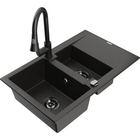Mexen Gaspar chiuvetă din granit cu 1,5 compartimente, cu picurător și baterie de bucătărie Elia, negru/auriu metalic