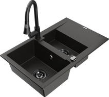 Mexen Gaspar gránit mosogató 1,5 rekeszes csepptálcával és Elia konyhai csappal, fekete/arany metál - 6507-75-670101-70-B