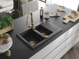 Chiuvetă granit Mexen Gaspar 1,5 compartimentată cu scurgător și baterie bucătărie Elia, negru cu pete - 6507-76-670101-50