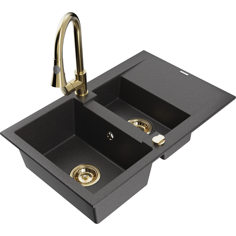 Chiuvetă granit Mexen Gaspar 1,5 compartimentată cu scurgător și baterie bucătărie Elia, negru cu pete - 6507-76-670101-50
