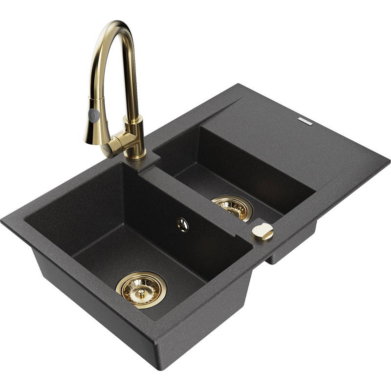 Mexen Gaspar chiuvetă de granit cu 1,5 cuve cu scurgător și baterie de bucătărie Elia, negru cu pete - 6507-76-670101-50