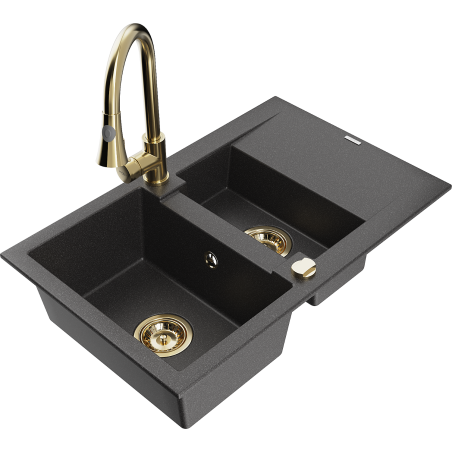 Mexen Gaspar chiuvetă de granit cu 1,5 cuve cu scurgător și baterie de bucătărie Elia, negru cu pete - 6507-76-670101-50