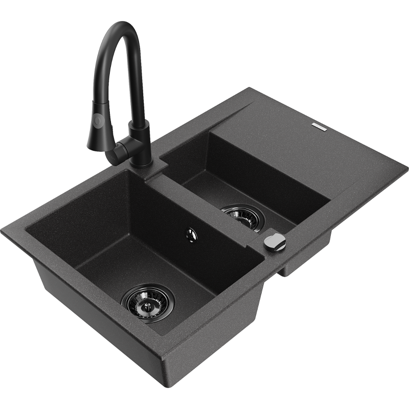 Chiuvetă granit Mexen Gaspar 1,5 camere cu scurgător și baterie de bucătărie Elia, negru cu pete - 6507-76-670101-70-B