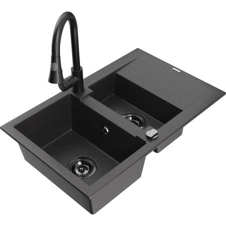 Chiuvetă granit Mexen Gaspar 1,5 camere cu scurgător și baterie de bucătărie Elia, negru cu pete - 6507-76-670101-70-B
