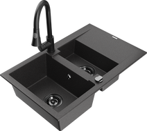 Chiuvetă granit Mexen Gaspar 1,5 camere cu scurgător și baterie de bucătărie Elia, negru cu pete - 6507-76-670101-70-B
