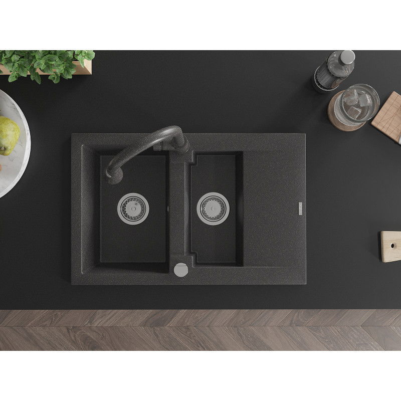 Mexen Gaspar 1,5 rekeszes gránit mosogató csepegtetővel és Elia konyhai csappal, fekete pöttyös - 6507-76-670101-76