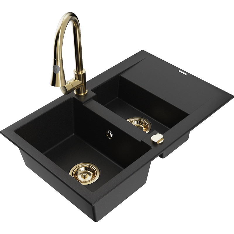 Mexen Gaspar chiuvetă de granit 1,5 camere cu scurgător și baterie de bucătărie Elia, negru - 6507-77-670101-50