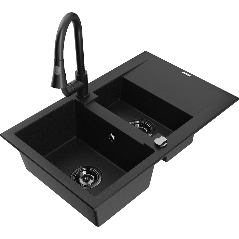 Mexen Gaspar chiuvetă de granit cu 1,5 cuve cu scurgător și baterie de bucătărie Elia, negru - 6507-77-670101-70-B