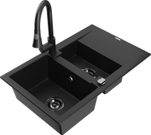 Mexen Gaspar gránit mosogató 1,5 rekeszes csepegtetővel és Elia konyhai csappal, fekete - 6507-77-670101-70-B
