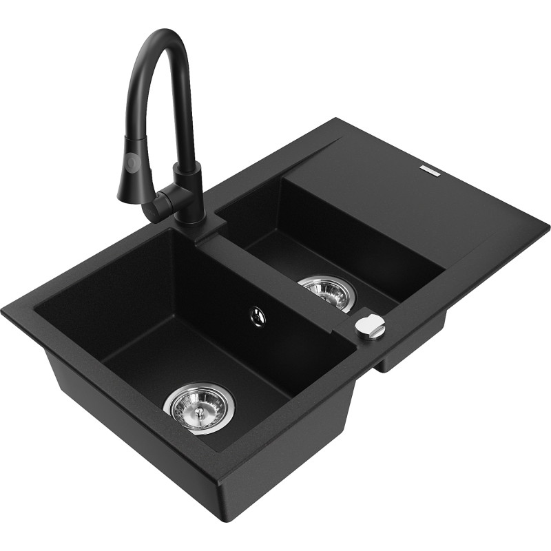 Mexen Gaspar chiuvetă din granit cu 1,5 cuve, cu scurgător și baterie de bucătărie Elia, negru - 6507-77-670101-70