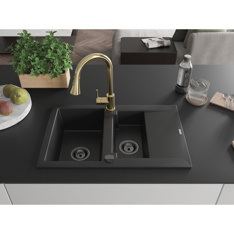 Mexen Gaspar chiuvetă de granit cu 1,5 compartimente cu scurgător și baterie de bucătărie Elia, negru - 6507-77-670101-50-B