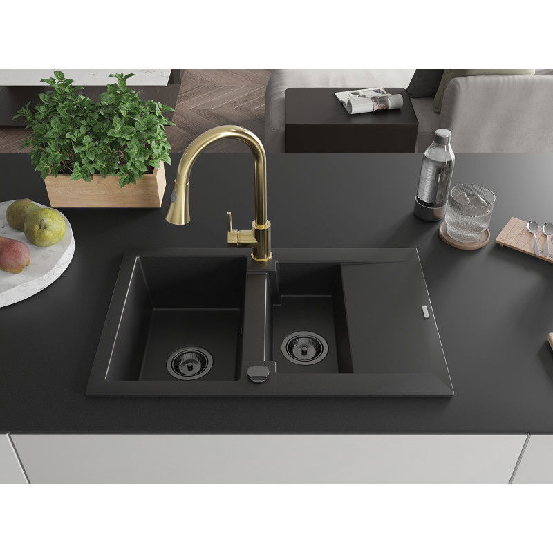 Mexen Gaspar chiuvetă din granit 1,5 camere cu scurgător și baterie de bucătărie Elia, negru - 6507-77-670101-50-B