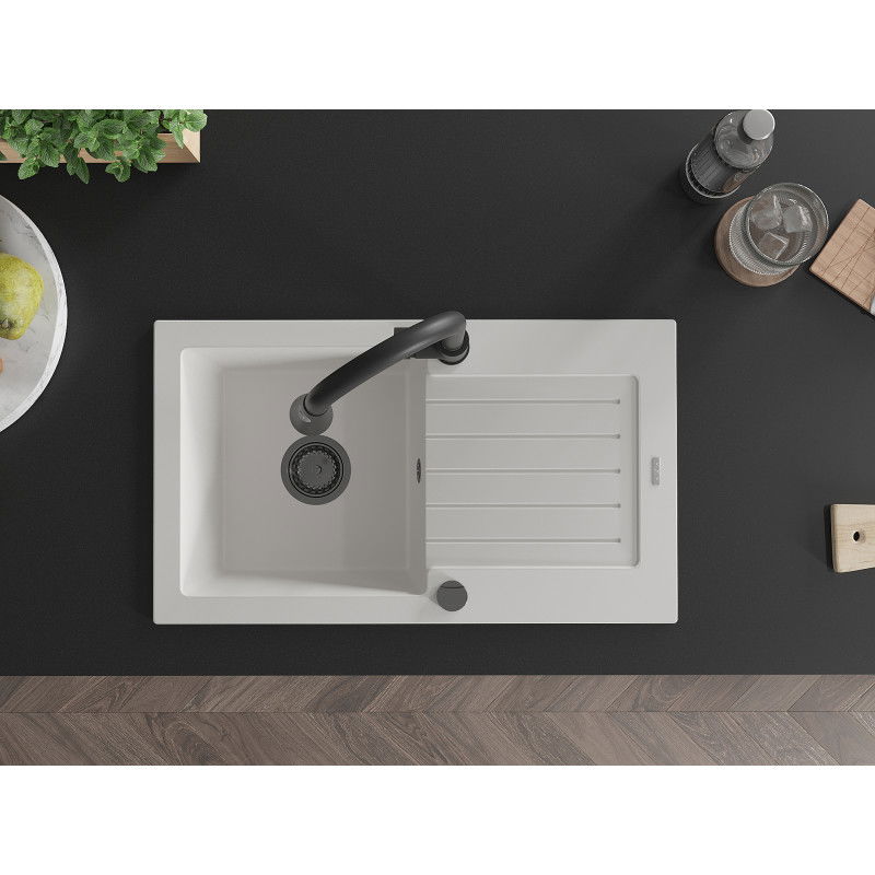 Mexen Pablo chiuvetă din granit cu 1 compartiment cu scurgător și baterie de bucătărie Elia, alb - 6510-20-670101-70