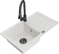 Mexen Pablo chiuvetă din granit cu 1 compartiment cu scurgător și baterie de bucătărie Elia, alb - 6510-20-670101-70